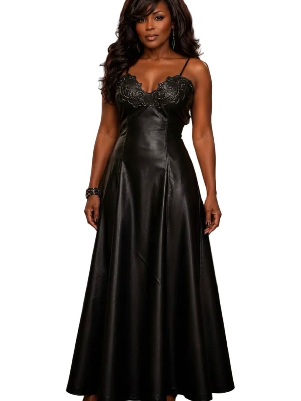 Black Lace-Detail Satin Maxi Dress - Women